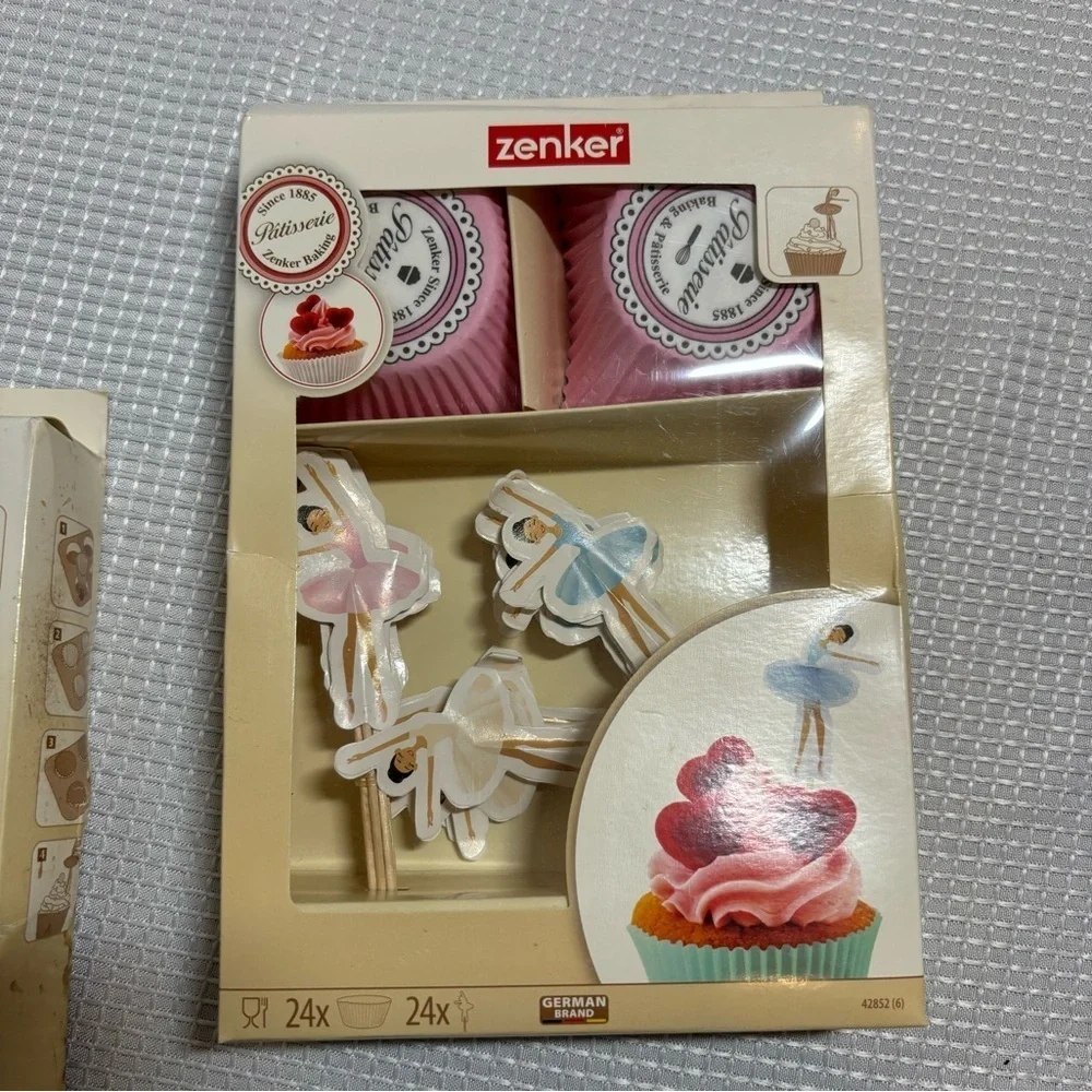 ZENKER 48 ballerina ballet pink & blue cupcake baking tutu wrappers & toppers.